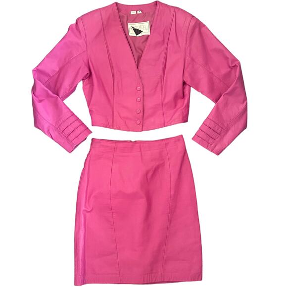 Vintage 80s Yucatan Bay Pink 2 Piece Leather Mini Skirt Jacket Matching Suit Set - Picture 1 of 14